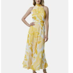 Tahari Yellow Floral Maxi Halter Dress Size 14